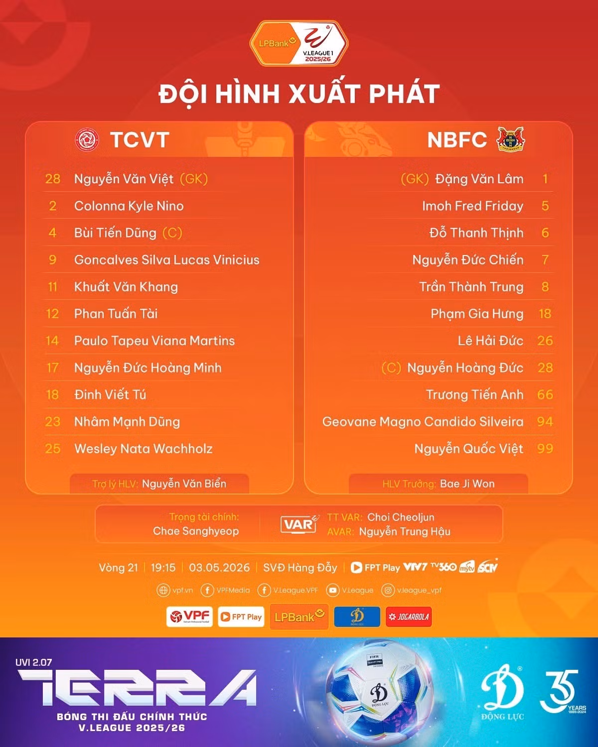 Đội hình ra sân của 2 đội tại trận cầu tâm điểm vòng 21.